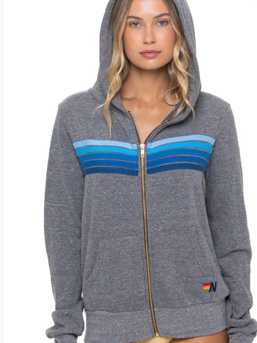 Aviator Nation 5-Stripe Zip-Up Hoodie – Heather Grey / Blue M